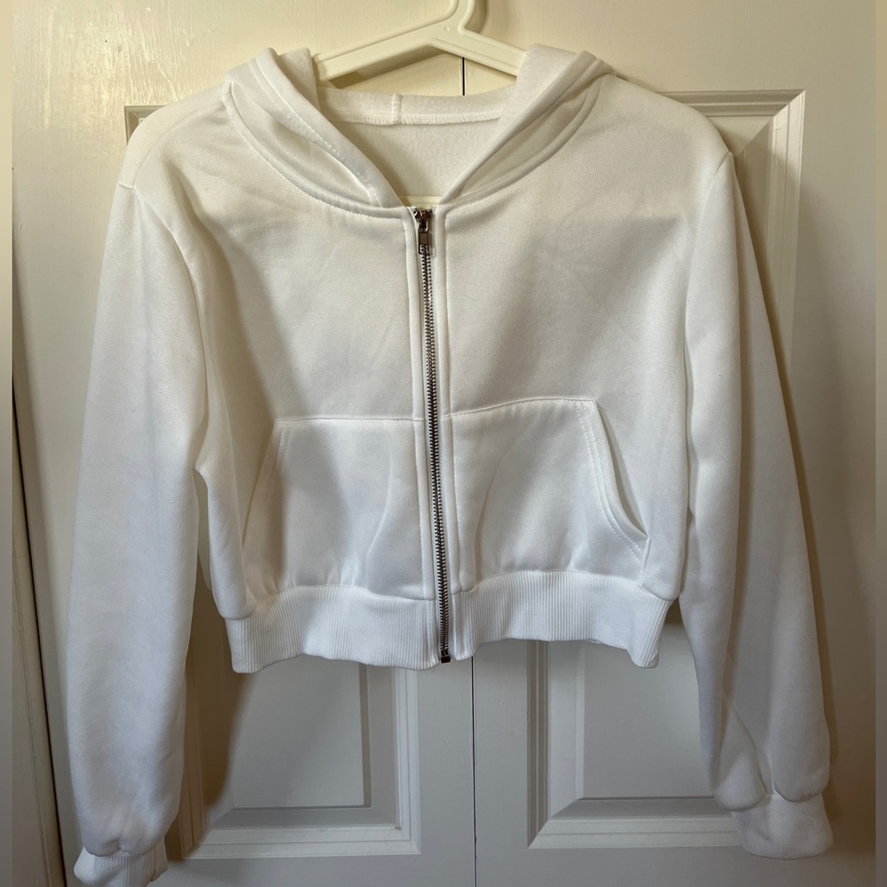 Pocket Front Zip Up Drawstring Crop Hoodie